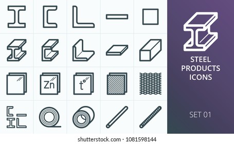 Metal and steel products icons. Metallurgy industry vector icons set. Set of expanded metal, i-beam steel bar, rolled steel, rebar, armature.