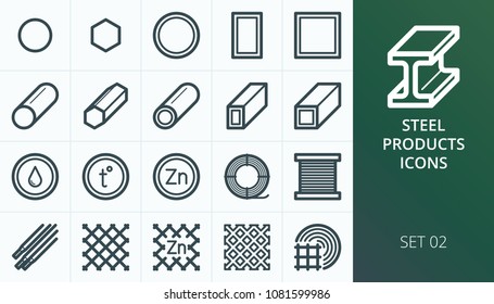 Metal and steel products icons set. Set of metal profile pipe, steel bars, rabitz mesh fence icons.