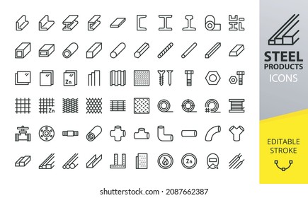 Metal and Steel products isolated icons set. Set of hot rolled steel, metal beams, rods, armature, pipes, mesh vector icons. 