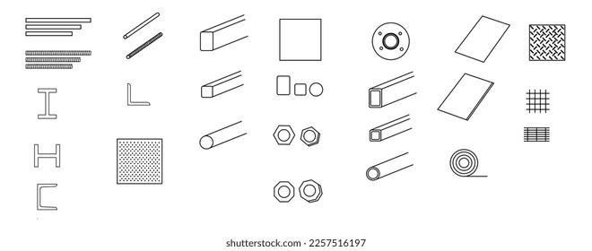 Metal and Steel products isolated icons set. Set of hot rolled steel, metal beams, rods, armature, pipes, mesh vector icons.