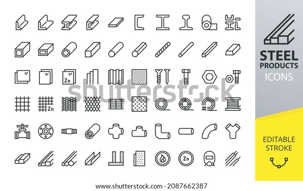 Metal and Steel products isolated icons set. Set of hot
rolled steel, metal beams, rods, armature, pipes, mesh vector
icons. 