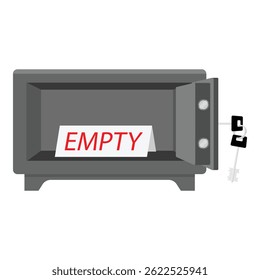 Metal steel safe with key to lock it for security isolated on white background. Opened safe with empty sign. Bank safe with key in lock. Vector