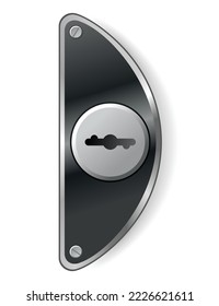 Metal or steel secure keyhole. Element for door locks, template. Realistic silver or chrome key hole mockup isolated on white background