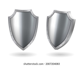 Metal steel shield metal realistic icon side and front view template with reflection glow, award trophy or certificate mockup isolated on white background. Vector illustration