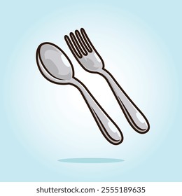 metal steel spoon and fork. kitchen set vector cartoon illustration