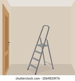 A metal stepladder stands in an empty room in front of a closed door
