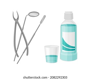 Metal Stomatological Tools with Mouth Mirror and Tooth Extracting Forceps and Bottle with Rinse Liquid Vector Set