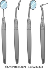 Metal stomatological tools set. Mouth mirrors from different angles and dentist probe isolated illustration. White background, vector.