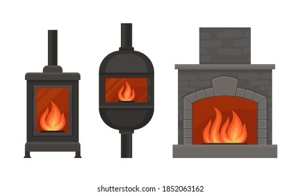 Metal and Stone Fireplace or Hearth with Mantelpiece and Burning Fire Vector Set