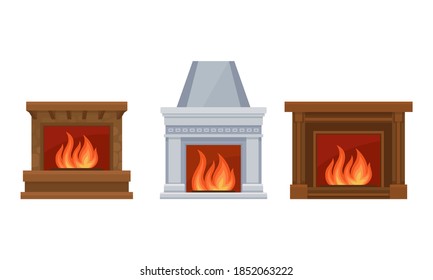 Metal and Stone Fireplace or Hearth with Mantelpiece and Burning Fire Vector Set