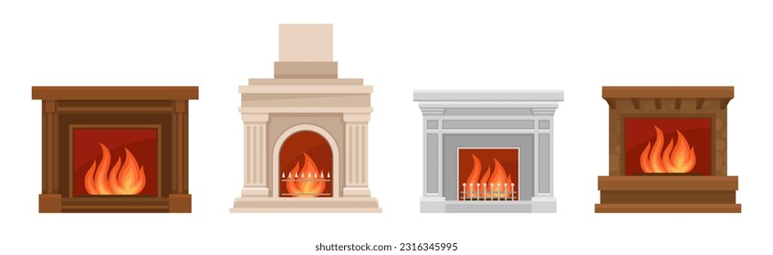 Metal and Stone Fireplace or Hearth with Mantelpiece and Burning Fire Vector Set