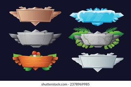 Metal, stone and wood tablets or banners collection, realistic vector illustrations set isolated on white background. Boards and frames of various materials.