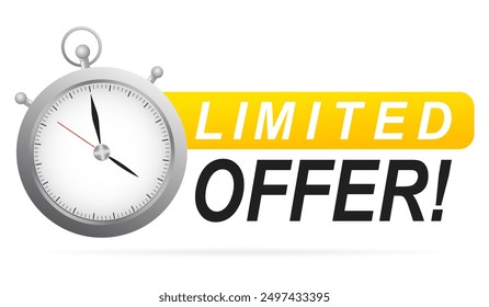 Metal stopwatch with Limited offer title. Sale, shopping, edition, sold out, hurry up, advertising, banner, keep track of time, measure, timer, timepiece, timekeeper, chronometer, speed, alarm, clock