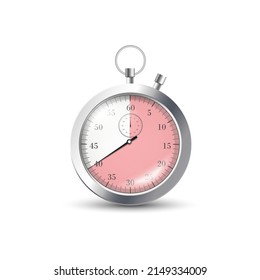 Metal stopwatch, vector flat illustration isolated on white background. On clock 40 minutes, seconds from start to finish. Sports chronometer, stopwatch to stop time.