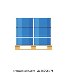 Metal storage barrel containers standing on wooden pallets, flat vector illustration isolated on white background. Warehouse containers for liquid products.