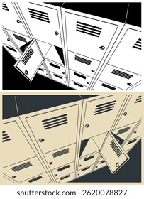 Metal storage lockers close up stylized vector illustrations