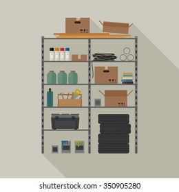 Metal storage vector illustration with tools and boxes.