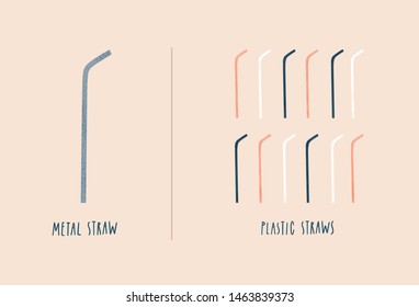 Metal straw vs single use plastic straws. Zero waste and eco living concept