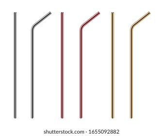 Metal straws. Reusable steel straw, stainless bars. Isolated realistic eco pipe for different drinks vector set