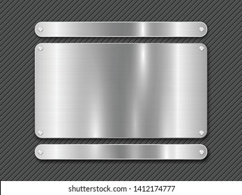 Metal Striped line background and polished steel plate fastened with screws