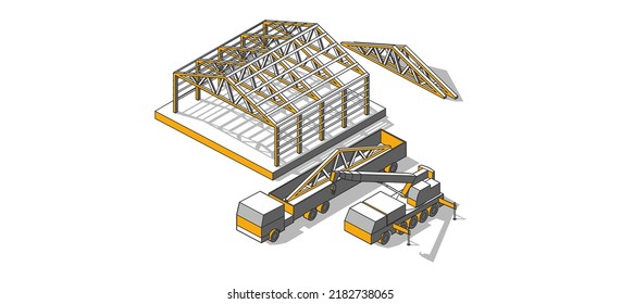 Metal structures and constructions plant in hangar, lorry for readymade production and loader crane. Vector isometric illustration. 