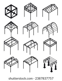 Metal structures engineering framework with roof and pillars for storage and hiding line art icon set vector illustration. Metallic frame industrial depot refurbishment building minimal design
