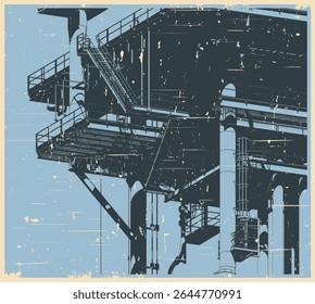 Metal structures of the offshore oil platform for oil and gas production close up stylized vector illustration in retro poster style