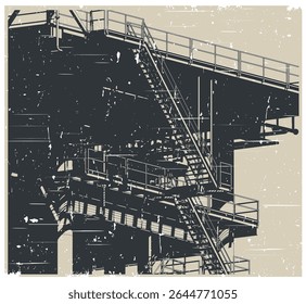 Metal structures of the offshore oil platform for oil and gas production close up stylized vector illustration in retro poster style