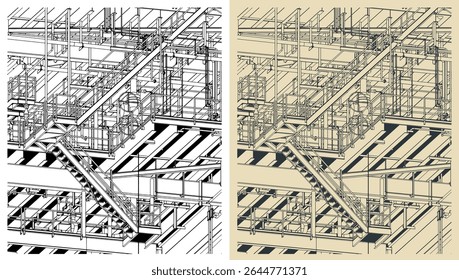 Metal structures of the offshore oil platform for oil and gas production close up stylized vector illustrations