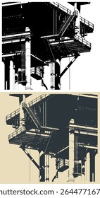 Metal structures of the offshore oil platform for oil and gas production close up stylized vector illustrations