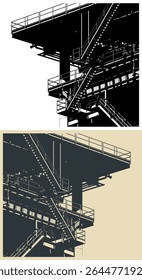 Metal structures of the offshore oil platform for oil and gas production close up stylized vector illustrations
