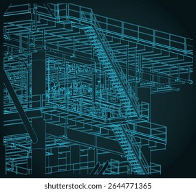 Metal structures of the offshore platform for oil and gas production isometric blueprint close up stylized vector illustration