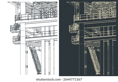 Metal structures of the offshore platform for oil and gas production isometric drawings close up stylized vector illustrations