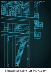 Metal structures of the offshore platform for oil and gas production isometric blueprint close up stylized vector illustration