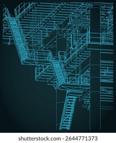 Metal structures of the offshore platform for oil and gas production isometric blueprint close up stylized vector illustration