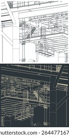 Metal structures of the offshore platform for oil and gas production close up stylized vector illustrations