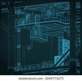 Metal structures of the offshore platform for oil and gas production close up stylized vector illustration
