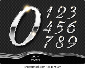 Dígitos metálicos elegantes, con sombra y reflejos. Establecer. Cero 0 Uno 1 Dos 2 Tres 3 Cuatro 4 Cinco 5 Seis 6 Siete 7 8 9 9. vectorial