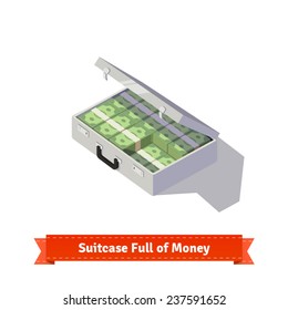 Metal suitcase full of money. Stacks of dollars. Flat style isometric illustration. EPS 10 vector.