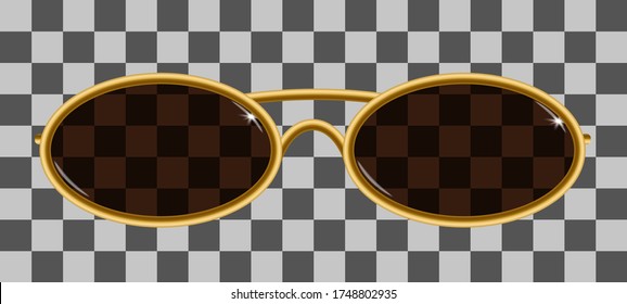 Metal sun glasses isolated on transparent background, realistic oval gold-rimmed sunglasses, optic eyes accessory for protection, magnifying vintage, trend lens. Vector illustration