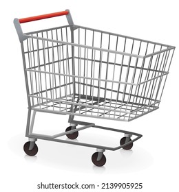 Metal supermarket shopping cart isolated in the middle of a white background