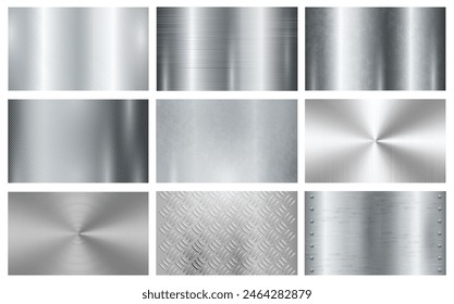 Metal surface finishing texture realistic, isolated set of plaques or samples with polished and shiny surface. Vector smooth sheet of aluminum, chrome or iron, platinum silver signboard