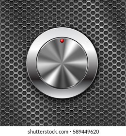 Metal switch knob button. On steel perforated background. Vector 3d illustration