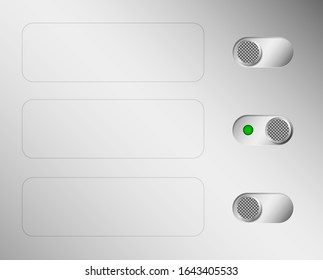 Metal switches or switches. Aluminium control panel. Space for text. Web interface