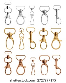 Metal swivel snap hooks in silver, gold, and copper colours. Vector illustration