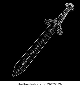 Metal sword. Old medieval weapon. Hand drawn sketch on black background. Vector illustration