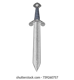 Metal sword. Old medieval weapon. Hand drawn sketch. Vector illustration isolated on white background