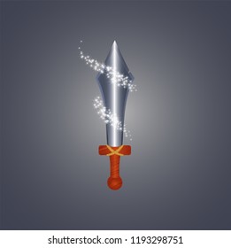 Metal sword on a dark background with glitter. Prize, reward symbols for game winners. Attack level sign. Cartoon vector illustration.