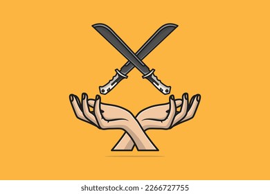 Ilustración vectorial Metal Swords y Clench Hands. Concepto de icono de objeto de vacaciones. Espadas y manos en el diseño de vectores de signo cruzado. Logo de iconos de manos y espadas creativas. Logo de la libertad, revolución, protesta.