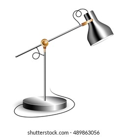 Metal table lamp with joint and shiny chrome shade, isolated
